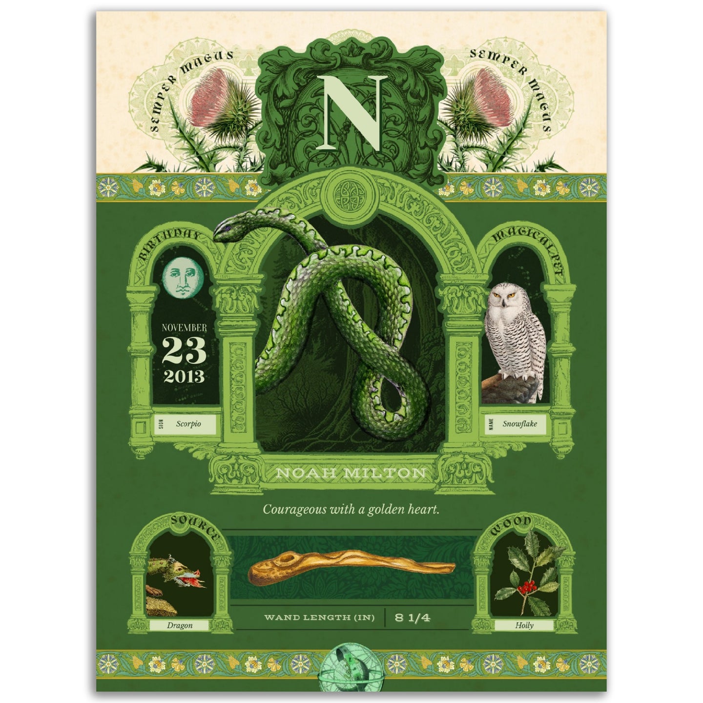 Personalized Kid Wizard or Witch Print (Green and Silver)